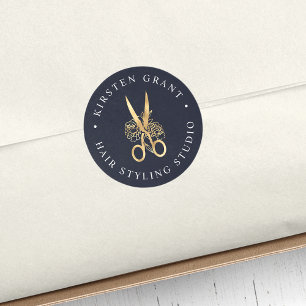 Logo für Navy & Gold Floral Scissors Runder Aufkleber