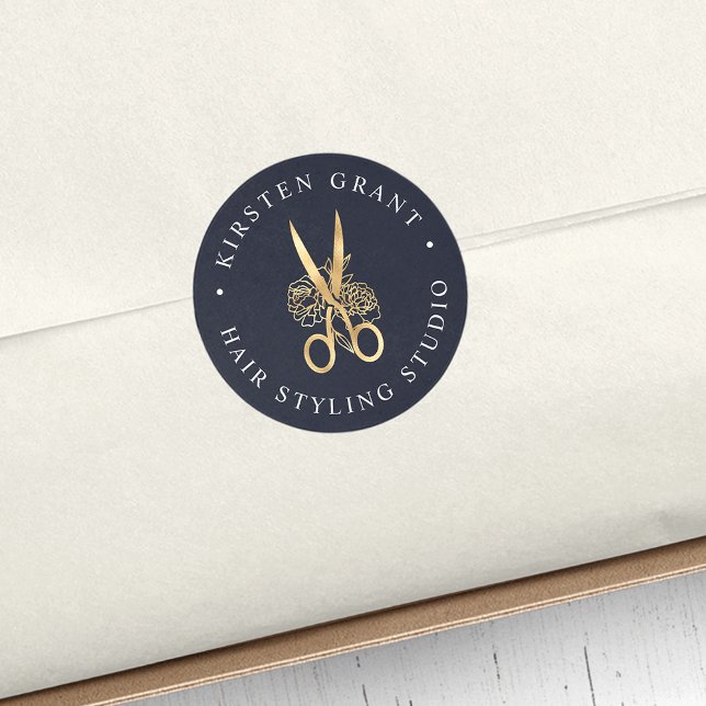 Logo für Navy & Gold Floral Scissors Runder Aufkleber (Von Creator hochgeladen)