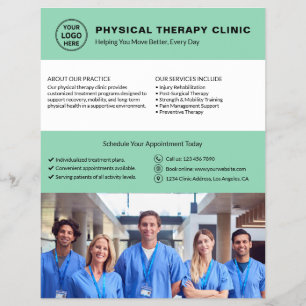 Logo für Physiotherapieklinik in weichem Grün mit Flyer