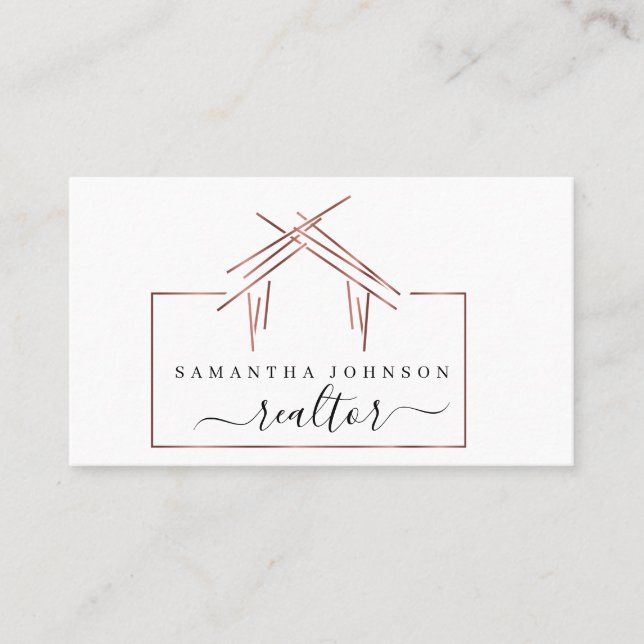 Logo für Real Anwesen Agent mit Haus in Rose Gold  Visitenkarte (Vorderseite)