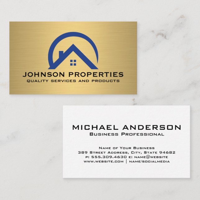 Logo für Real Anwesen House | Gold Metallic Visitenkarte (Vorne/Hinten)