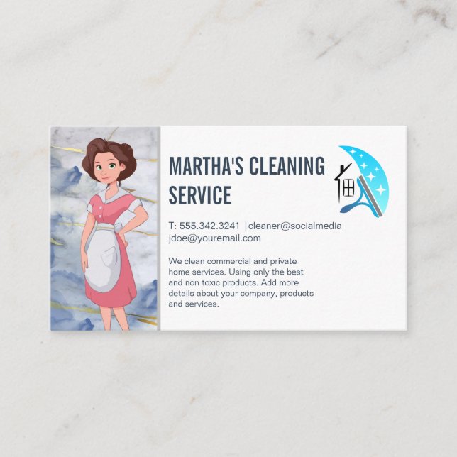 Logo für Reinigungsdienste | Maid Cartoon Visitenkarte (Vorderseite)