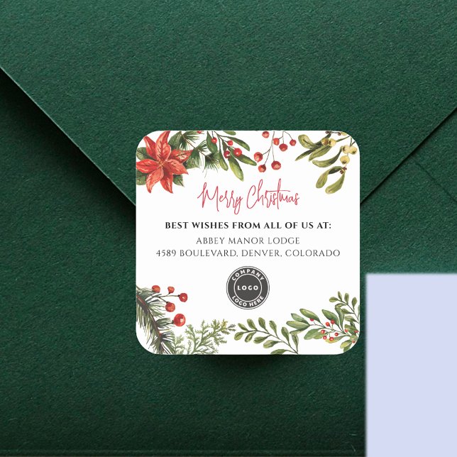 Logo für Unternehmen hinzufügen - Frohe Weihnachte Quadratischer Aufkleber (Business Logo Watercolor Red Berries Christmas Sticker)