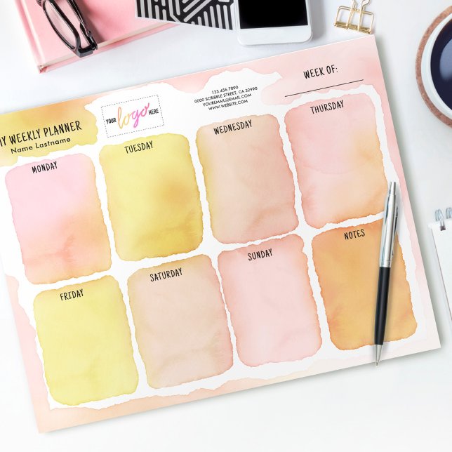 Logo Girly Pink Yellow Watercolor Wochenplaner Notizblock (Von Creator hochgeladen)