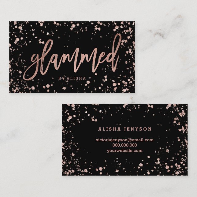 Logo glammed Skript-Rosengoldconfetti-Spritzer Visitenkarte (Vorne/Hinten)