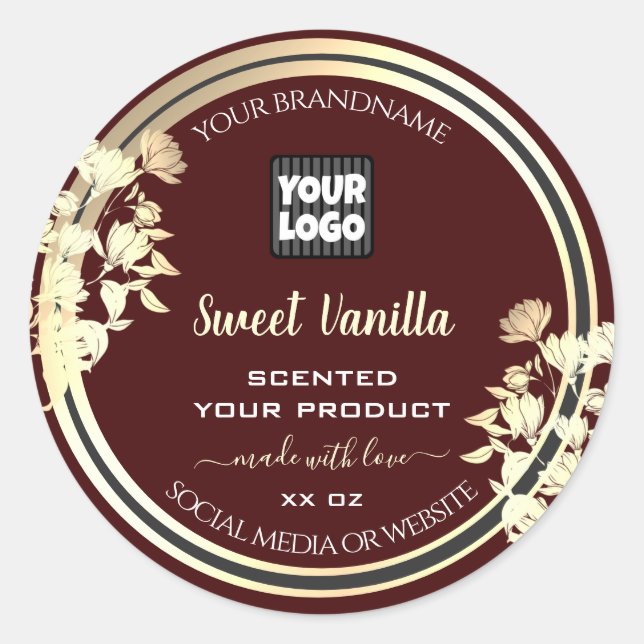 Logo Gold für Borgundy Floral Product Labels Runder Aufkleber (Vorderseite)