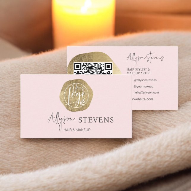 Logo goldfarbene Haarschminke qr Code Visitenkarte (Logo gold pink hair makeup qr code business card)