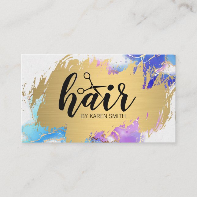 Logo "Haarschere" | Gold gebürstet | Wasserfarbe Visitenkarte (Vorderseite)