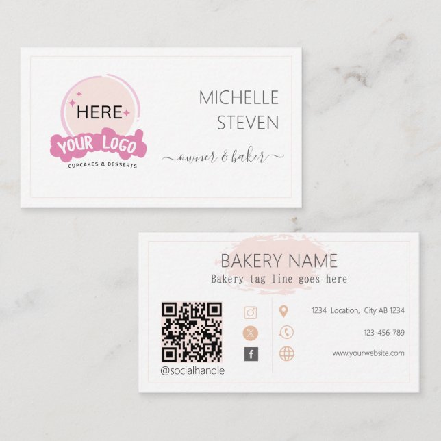 Logo hinzufügen Blass Pink Bäckerei Business Card  Visitenkarte (Vorne/Hinten)
