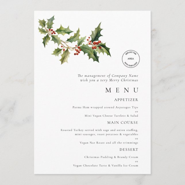 Logo Holly Business Christmas Party Menu Card Einladung (Vorderseite)