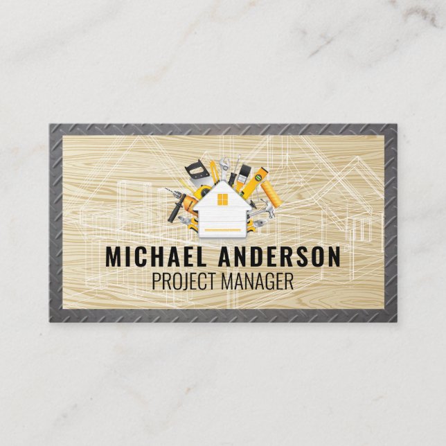 Logo "House Tools" | Blueprint Wood Steel Visitenkarte (Vorderseite)