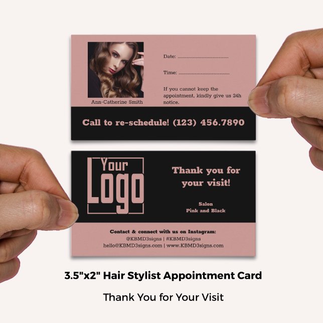 Logo-Image für die Haarstühle Pink & Schwarz Viele Terminkarte (Hair Stylist Logo Image Pink & Black Thank You Appointment Card; Standard, Size: 3.5x2 Inch)