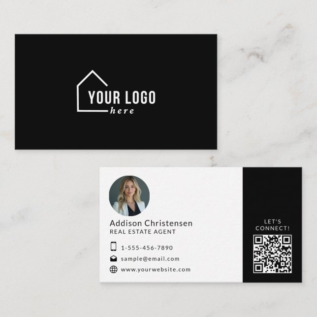 Logo immobilier noir Photo Code QR Carte de visite (Devant / Derrière)