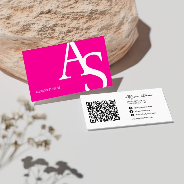 Logo-Initialen Neon Pink fett Make-up qr-Code Visitenkarte (Logo initials neon pink bold makeup qr code business card neon pink)