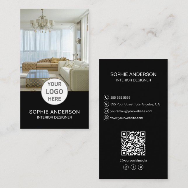 Logo Interior Designer Foto QR Social Media Black Visitenkarte (Vorne/Hinten)