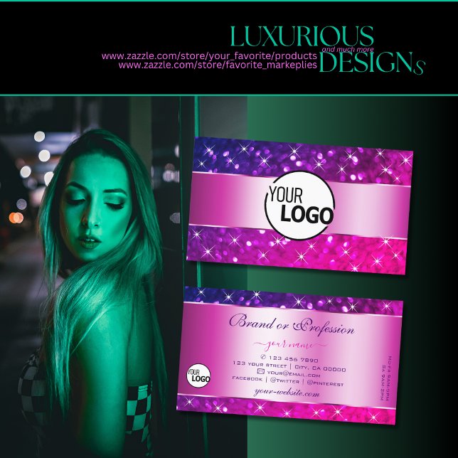 Logo "Luxuriöse Lila Glitzer Stars" in Pink Visitenkarte (Von Creator hochgeladen)