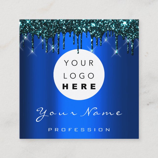 Logo Makeup Boutique Glitzer Blau Tropfen Aquamari Quadratische Visitenkarte (Vorderseite)