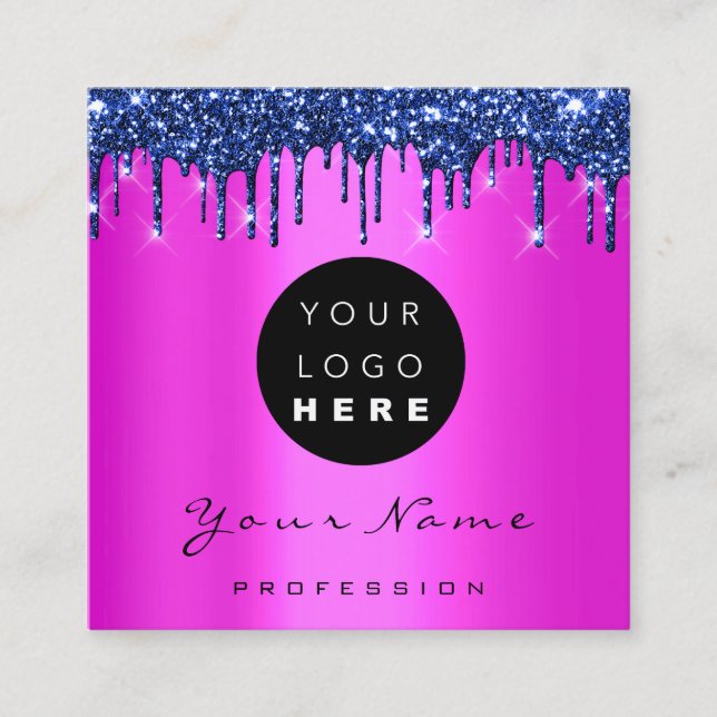 Logo Makeup Boutique Glitzer Blau Tropfen Rosa Quadratische Visitenkarte (Vorderseite)