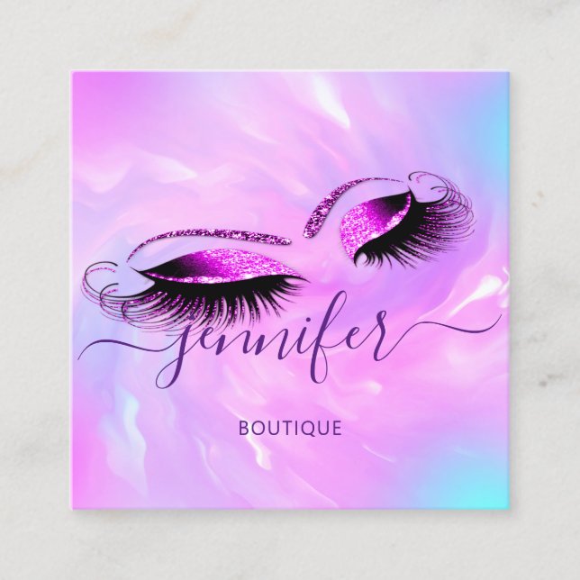 Logo Makeup Lashes Extension Studio Holograph Pink Quadratische Visitenkarte (Vorderseite)