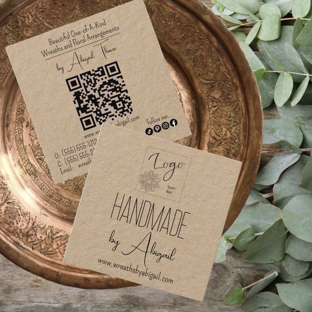 Logo Minimalistisch Handgefertigte, handgefertigte Quadratische Visitenkarte (Logo Minimalist Handmade and Handcrafted QR Code Kraft Paper Business Card)