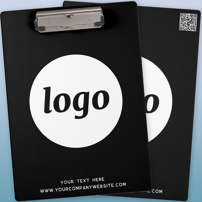 Logo mit Text und QR-Code Schwarz Geschäft Klemmbrett (Logo QR code and custom text business promotional black clipboard)