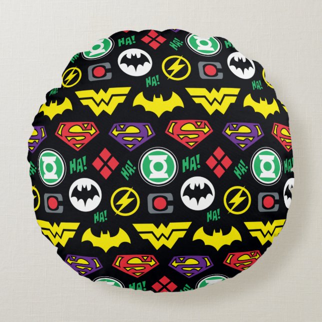 Logo-Muster der Chibi Justice League Rundes Kissen (Vorderseite)