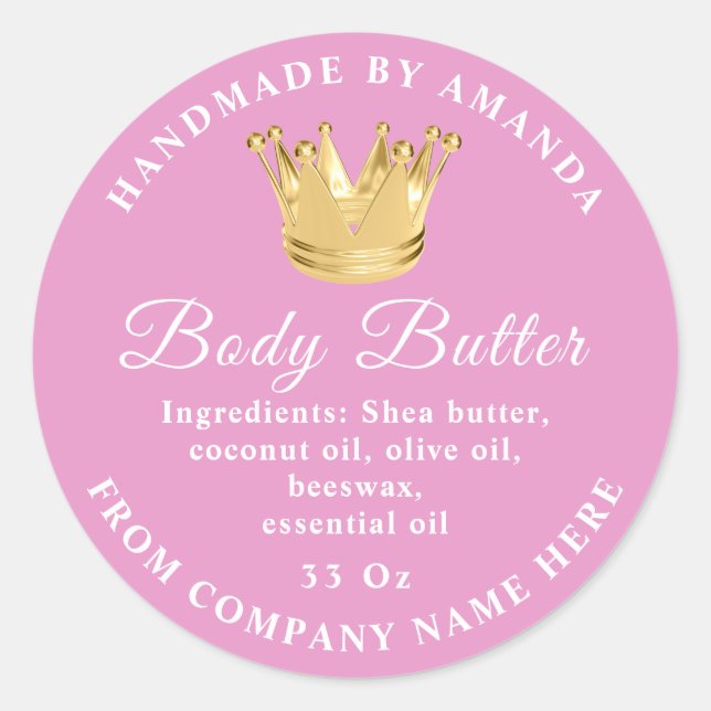 Logo Name Body Butter Scrub Golden Crown Pink Runder Aufkleber (Vorderseite)