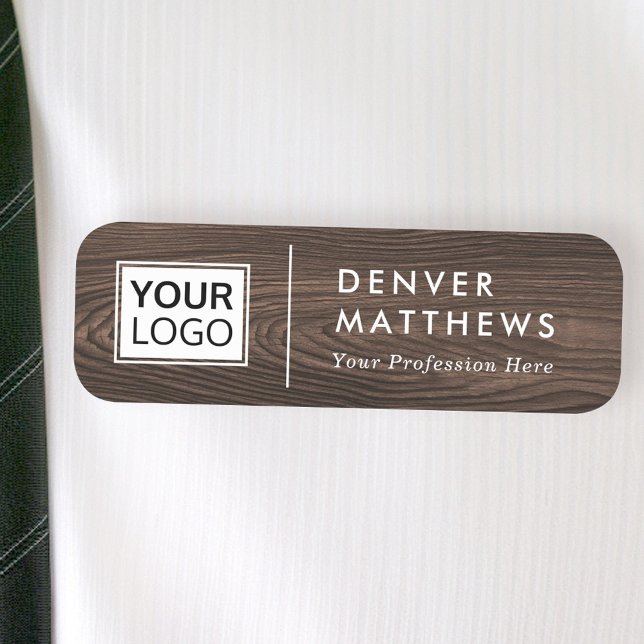 Logo name title white divider dark brown wood namensschild (Logo name title white divider dark brown wood name tag)