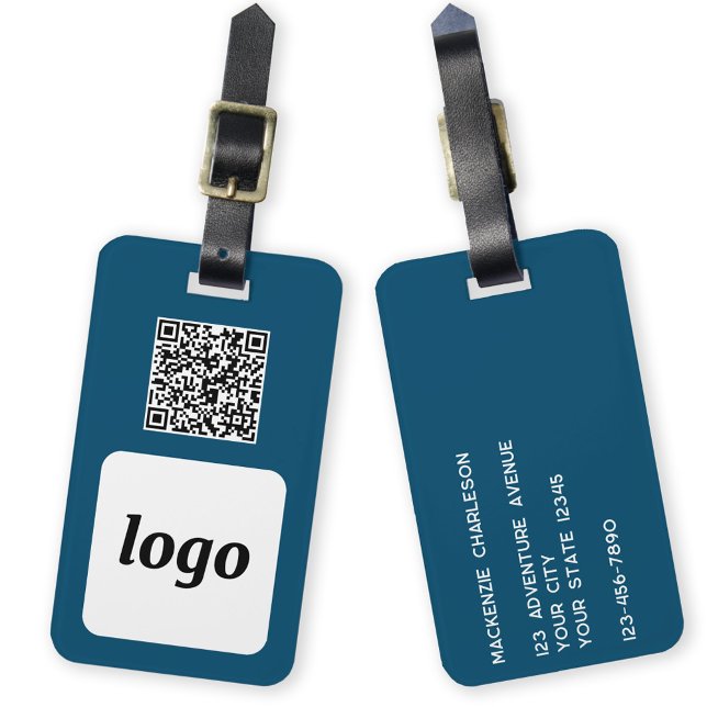 Logo-QR-Code Aquamarine Werbung für umweltfreundli Gepäckanhänger (Simple logo with QR code and custom text business branding promotional teal green luggage tag)