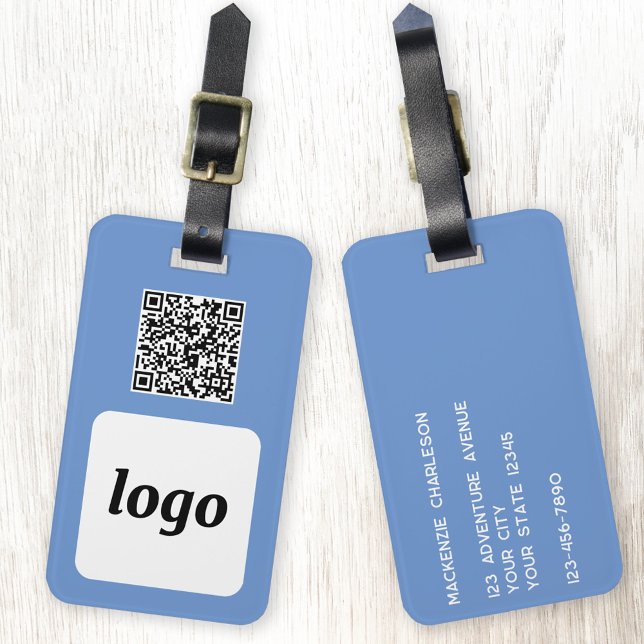 Logo QR Code Blue Business Promotion Gepäckanhänger (Logo with QR code and custom text promotional business branding luggage tag)