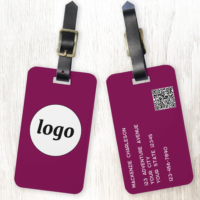 Logo QR Code Business Magenta Rosa Gepäckanhänger (Simple logo QR code custom business branding promotional luggage tag in dark magenta pink burgundy)