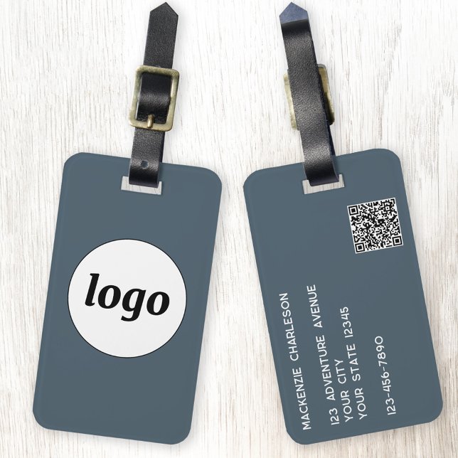 Logo QR Code Charcoal Gray Business Promotional Gepäckanhänger (Simple logo with custom text business branding promotional QR code charcoal gray luggage tag)