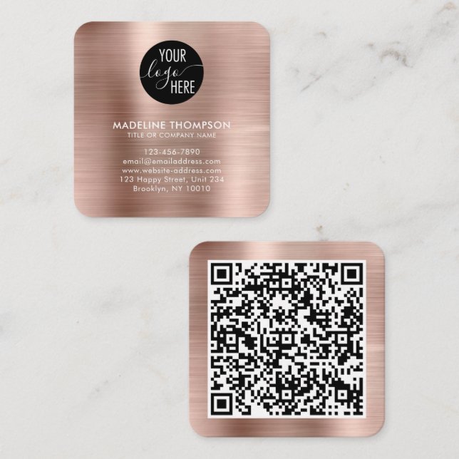 Logo-QR-Code der gebürsteten Metallic-Rose Quadratische Visitenkarte (Vorne/Hinten)