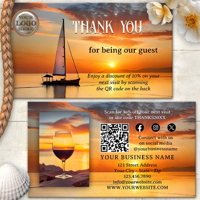 Logo QR Code Foto Vielen Dank Visitenkarte (Thank you for your visit photo business card featuring a sailboat at sunset at the coast - QR code )
