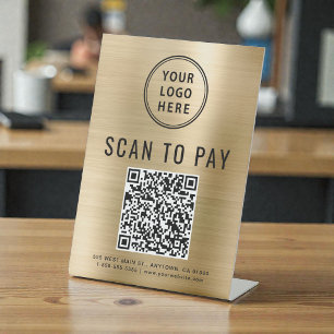 Logo QR-Code Gold zum Scannen und Bezahlen Sockelschild