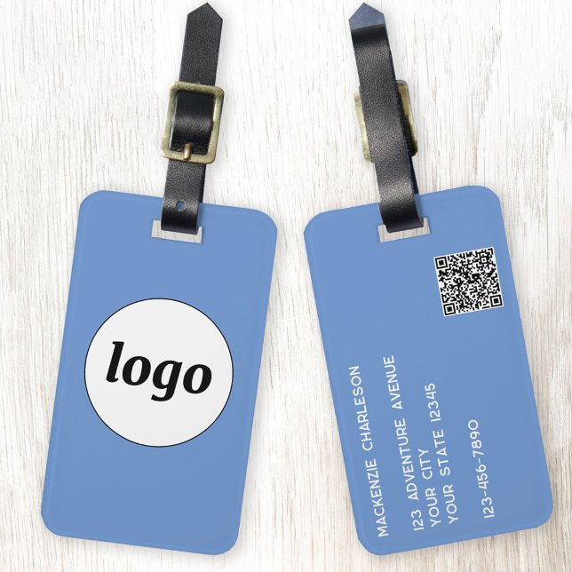 Logo-QR-Code Minimalistisch Blue-Business-Werbeakt Gepäckanhänger (Logo with QR code and custom text business branding promotional luggage tag)