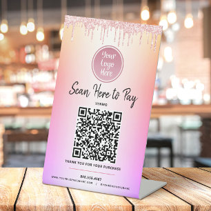 Logo QR Code Rosa Glittertropfen Ombre Hier Zahlen Sockelschild