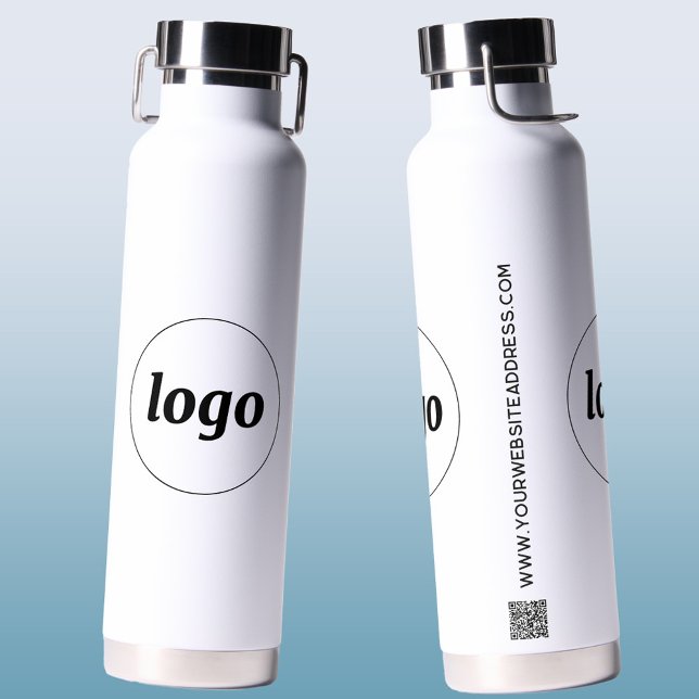 Logo-QR-Code Text-Branding für Unternehmen Trinkflasche (Simple logo with QR code and custom text business branding promotional water bottle)