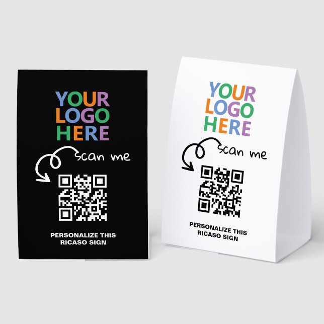 Logo-QR-Code und Text individuell angepasst Tischaufsteller (Vorder-/Rückseite)
