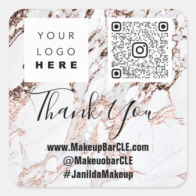Logo QRCode Name Danke Shopping Marble Rose Weiß Quadratischer Aufkleber (Vorderseite)