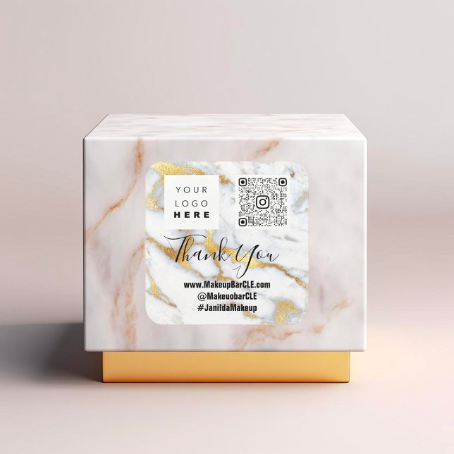 Logo QRCode Name Vielen Dank Shopping Imitate Marb Quadratischer Aufkleber (Logo QRCode Name Thank Shopping Faux Marble Gold Square Sticker)