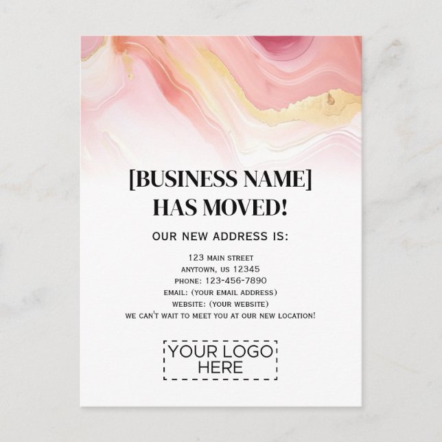 Logo Rosa Gold Marmor Geschäftsreise Ankündigung Postkarte (Vorderseite)
