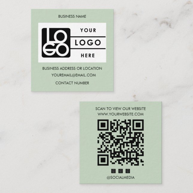 Logo Sage Green QR Code Website Social Media Quadratische Visitenkarte (Vorne/Hinten)