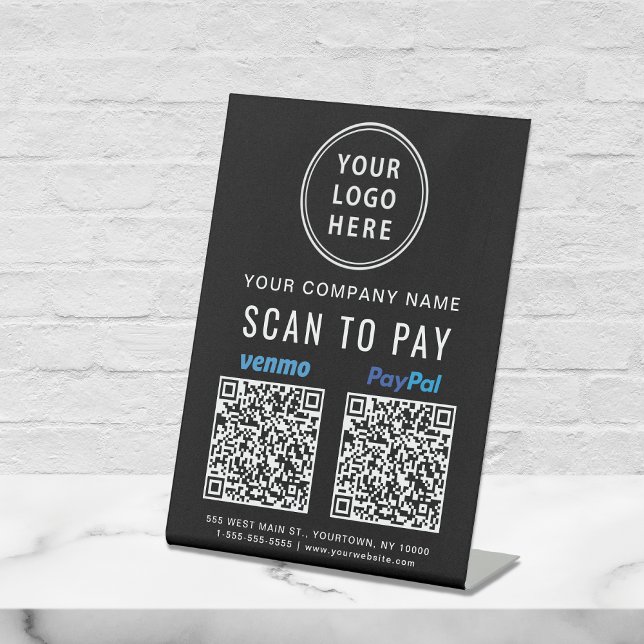 Logo-Scan zu zahlen Paypal Venmo QR Codes schwarz Sockelschild (Our versatile QR Code sign enables you to receive payments anytime, anywhere)
