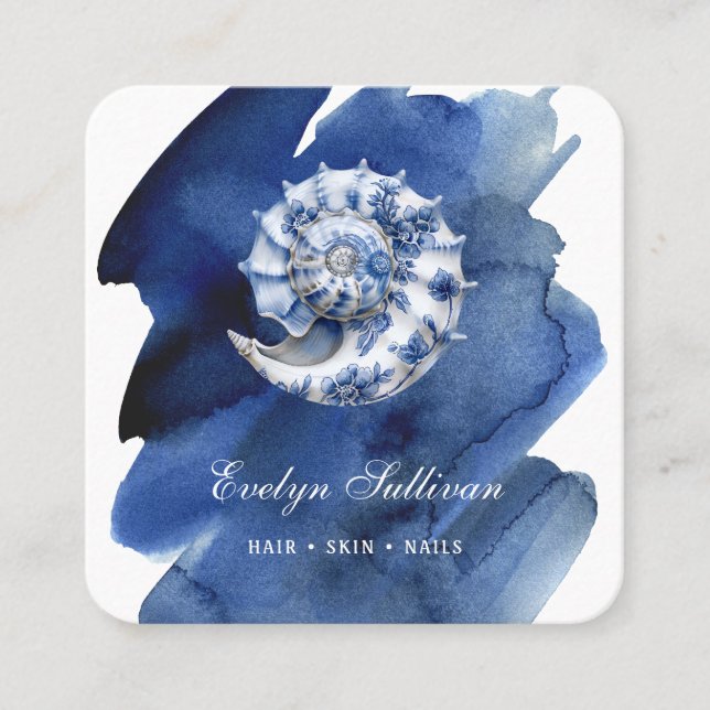 Logo Seashell sur carte de visite bleu aquarelle (Devant)