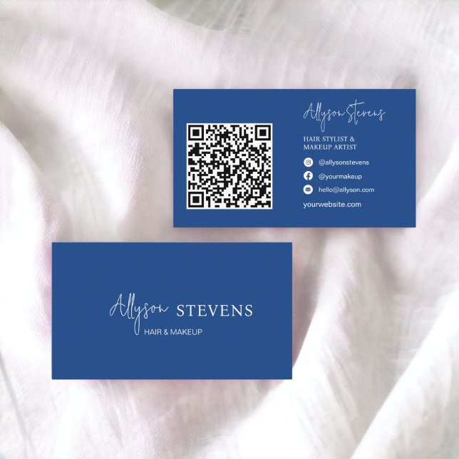 Logo-Skript weiß blaue Haare Make-up qr-Code Visitenkarte (Logo script white blue hair makeup qr code business card)