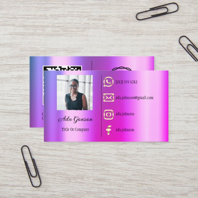 Logo Social Media QR Foto Rosa Gold Visitenkarte (Vorderseite/Rückseite Beispiel)