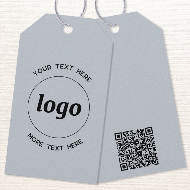 Logo Text QR Code Blauer Geschäftspreis oder Geschenkanhänger (Logo with custom text and QR code business promotional dusty pastel powder blue product or price tag)