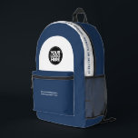 Logo, Text, Slogan, Website Bedruckter Rucksack<br><div class="desc">Dieses berufliche Rucksack mit Firmenlogo und individuellem Text ist leicht zu personalisieren. Sie können Firmennamen, Slogan, Social Media, Website oder weitere Informationen hinzufügen oder löschen. Ein einfaches und modernes Design in Marineblau und Weiß mit einem beruflichen und edlen Schriftart, perfekt als Werbegeschenk für Mitarbeiter, Kunden, Firmenfeiern, Messen. Der Rucksack kann...</div>