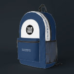 Logo, Text, Slogan, Website Bedruckter Rucksack<br><div class="desc">Dieses berufliche Rucksack mit Firmenlogo und individuellem Text ist leicht zu personalisieren. Sie können Firmennamen, Slogan, Social Media, Website oder weitere Informationen hinzufügen oder löschen. Ein einfaches und modernes Design in Marineblau und Weiß mit einem beruflichen und edlen Schriftart, perfekt als Werbegeschenk für Mitarbeiter, Kunden, Firmenfeiern, Messen. Der Rucksack kann...</div>